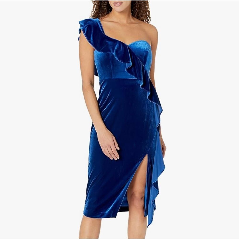 NWT Aidan Mattox Velvet One-Shoulder Ruffle Sheath Dress in Deep Ocean Sz 10